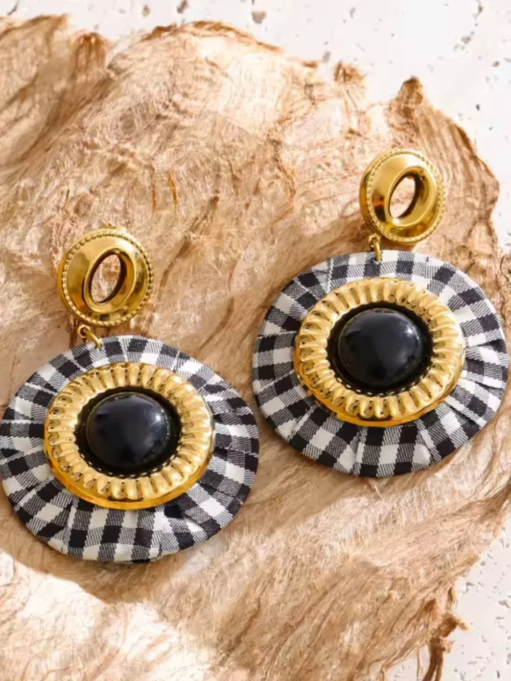 Parisian Chic Gingham Black Gold Earrings